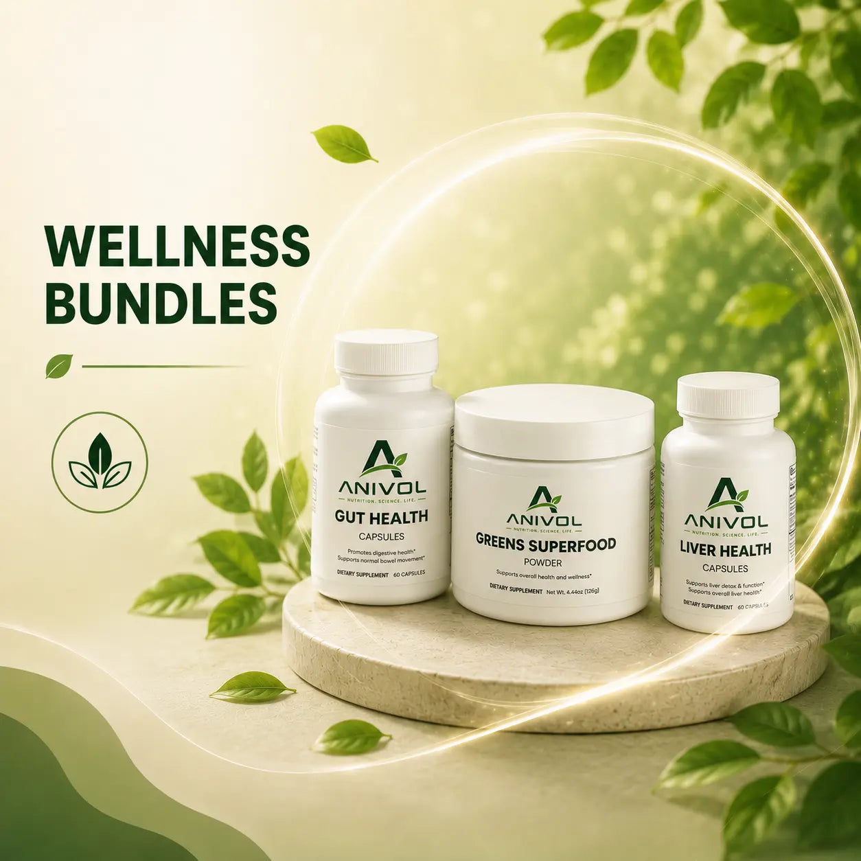 Anivol Wellness Bundles collection featuring premium dietary supplements, including Gut Health Capsules, Greens Superfood Powder, and Liver Health Capsules, designed to support daily nutrition, digestive wellness, liver health, and overall well-being.