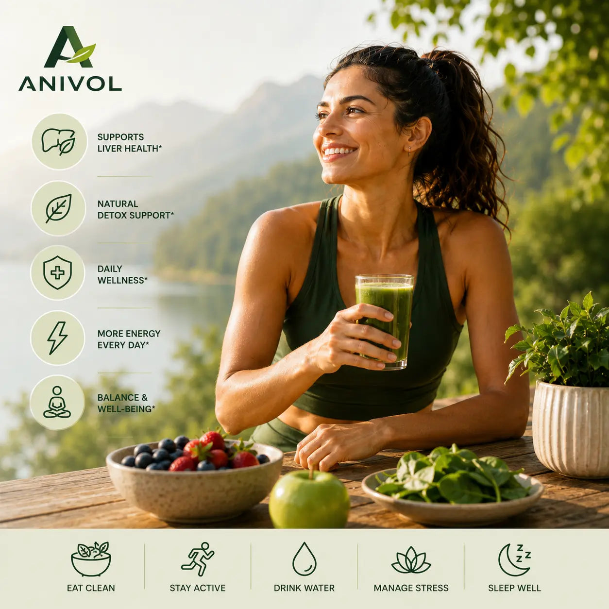 Woman enjoying a green wellness drink outdoors surrounded by fresh fruits and leafy greens, representing Anivol's commitment to healthy living, balanced nutrition, daily wellness, and an active lifestyle.