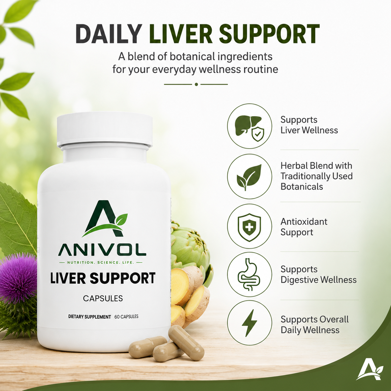 Anivol Liver Support supplement bottle with benefits infographic highlighting botanical blend, antioxidant support, digestive wellness, and daily liver wellness support.