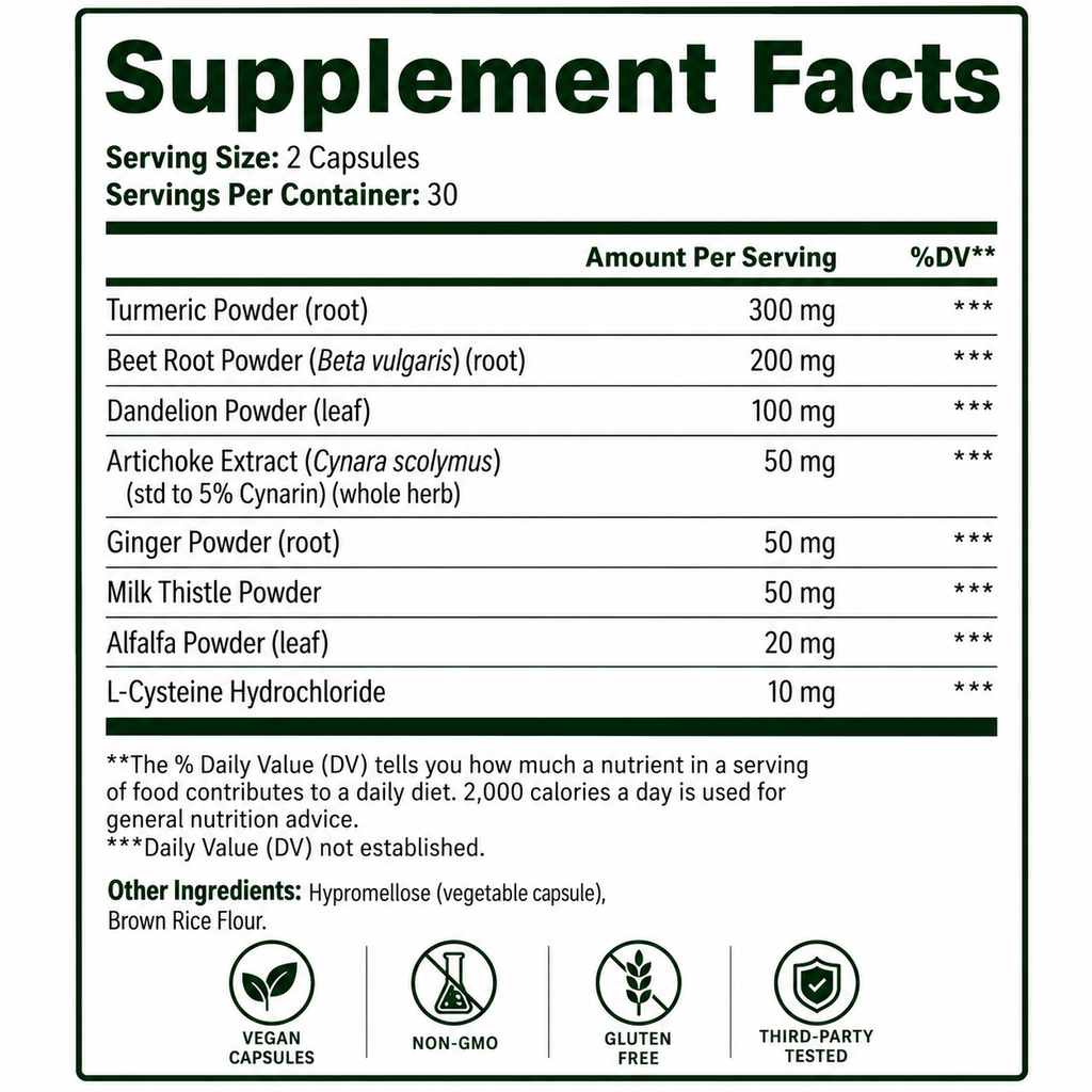 Square Supplement Facts panel for Anivol Liver Support capsules showing serving size, botanical ingredient amounts, other ingredients, and product quality icons.
