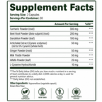 Square Supplement Facts panel for Anivol Liver Support capsules showing serving size, botanical ingredient amounts, other ingredients, and product quality icons.