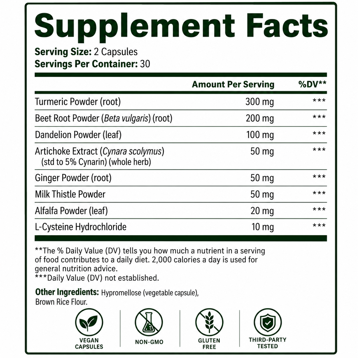 Square Supplement Facts panel for Anivol Liver Support capsules showing serving size, botanical ingredient amounts, other ingredients, and product quality icons.