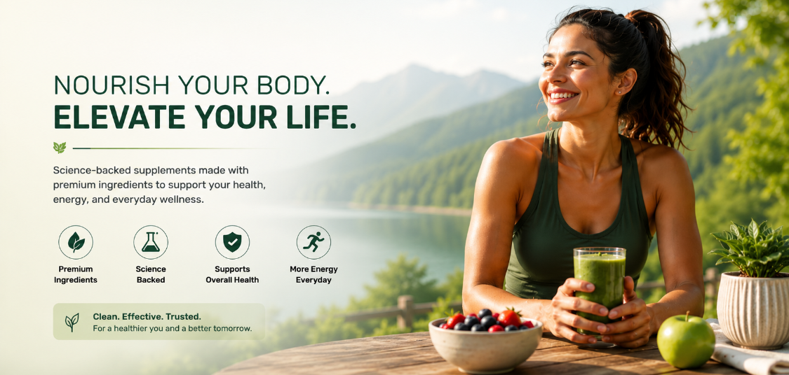 Woman enjoying a green superfood drink outdoors with Anivol premium wellness supplements promoting daily health, energy, and overall wellness.