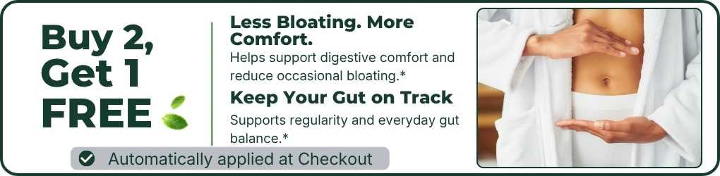 Buy 2 Get 1 Free Gut Health Super Greens banner supporting digestive comfort, reduced bloating, and daily gut balance.